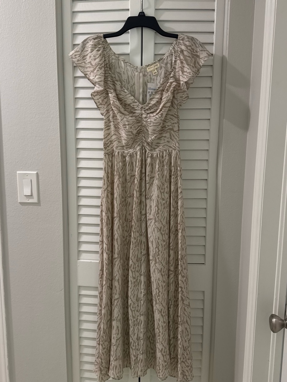 Light Beige Printed Flutter Sleeve Maxi Dress